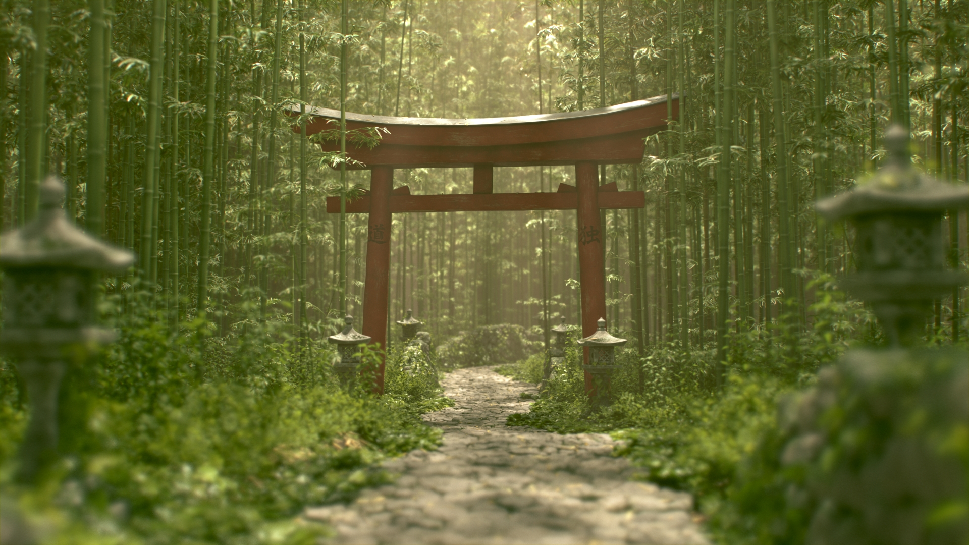 Tall Torii gate surrounded by bamboo forest and rustic foot path. Build procedurally using rules in Houdini and rendered with Arnold.