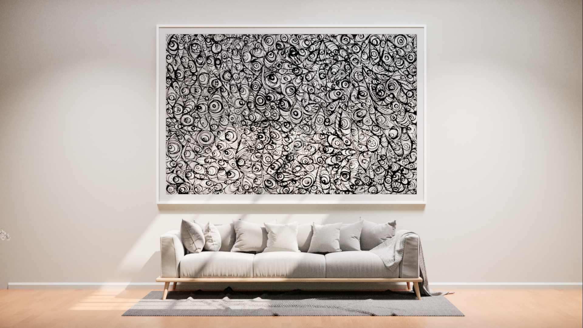 Real time render of painting hanging on a wall in a staged set. Designed to display a collection of paintings using UE and the Houdini engine for automatic painting frame generation.